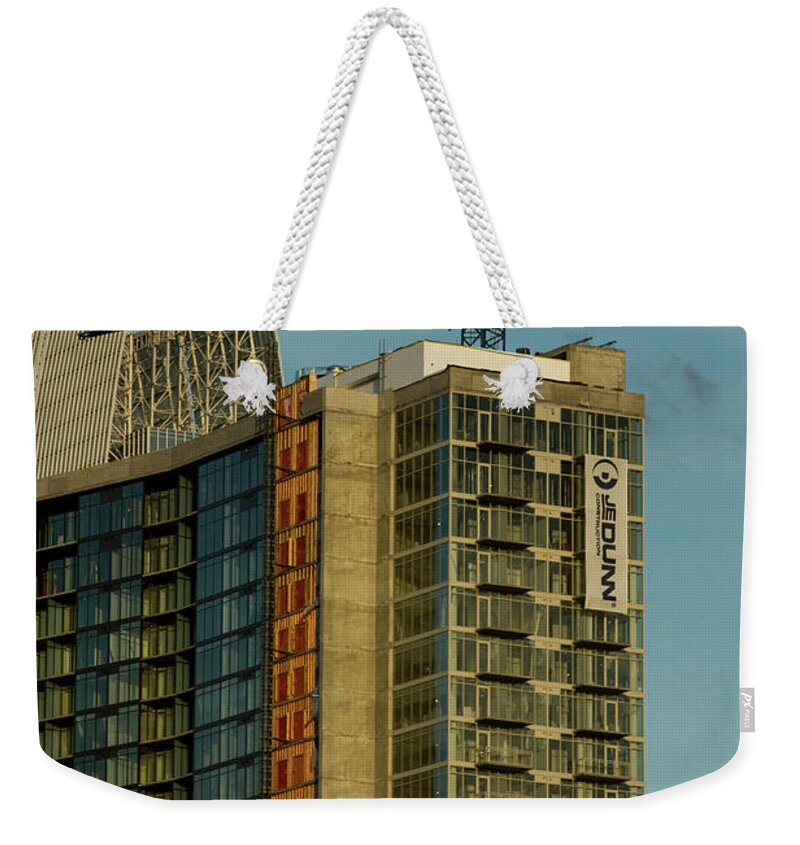 Cranes Images Weekender Tote Bag featuring the photograph Over Your Head Cranes Atlanta Construction Art by Reid Callaway