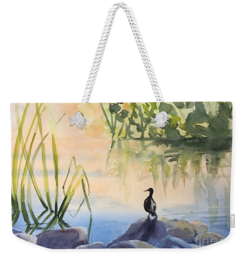 Duck Weekender Tote Bag featuring the painting Overlooking the Lake by Watercolor Meditations