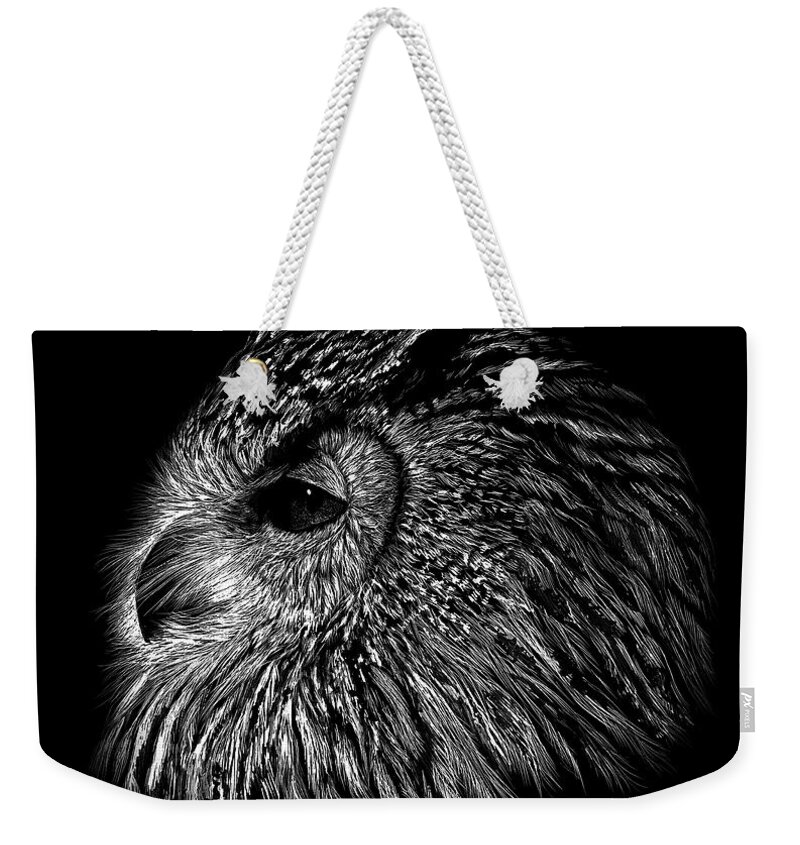 Owl Weekender Tote Bag featuring the drawing Owl Black and White by Isabel Salvador