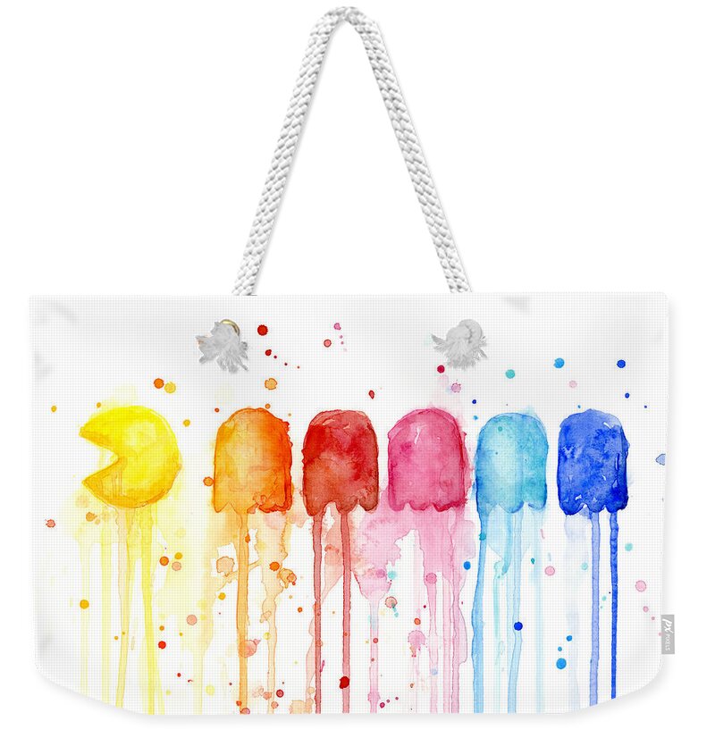 Game Weekender Tote Bag featuring the painting Pacman Watercolor Rainbow by Olga Shvartsur