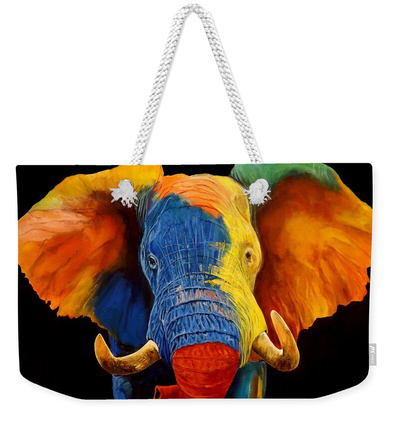 Painted Elephant Weekender Tote Bag featuring the painting Painted Elephant by Barry BLAKE