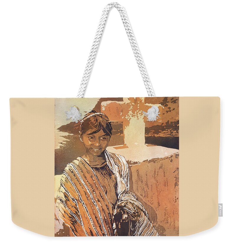 Antigua Weekender Tote Bag featuring the painting Painting of traditional dressed girl in front of cross at Lake A by Ryan Fox