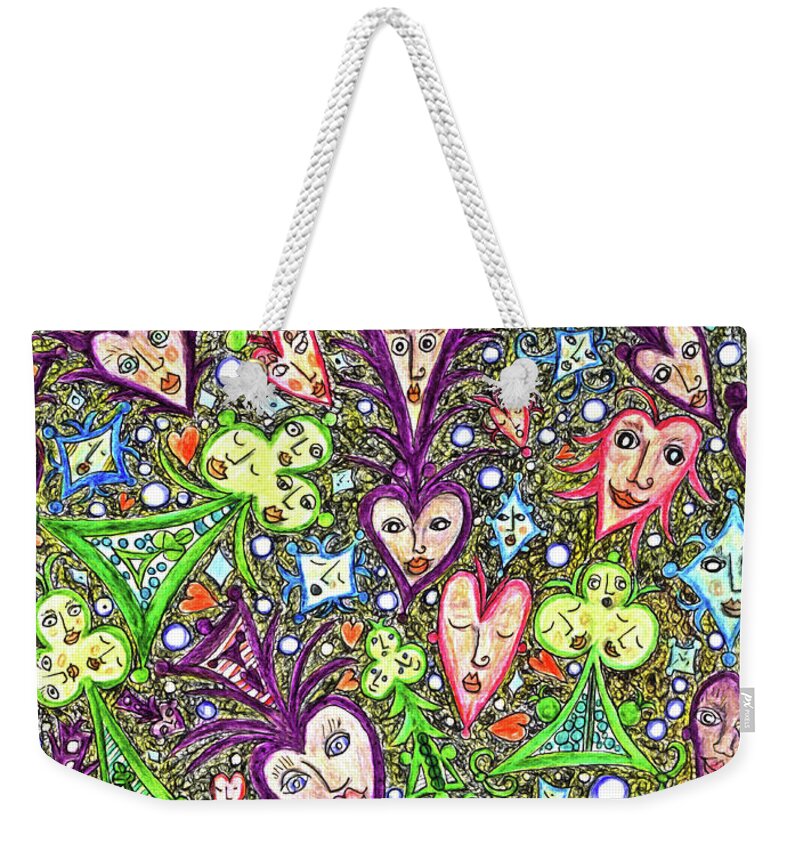 Lise Winne Weekender Tote Bag featuring the painting Painting with Playing Card Symbols That Have Faces by Lise Winne