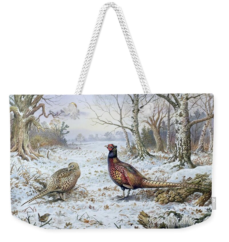 Game Bird; Snow; Woodland; Perdrix; Faisan; Troglodyte; Pheasant; Pheasants; Tree; Trees; Bird; Animals Weekender Tote Bag featuring the painting Pair of Pheasants with a Wren by Carl Donner