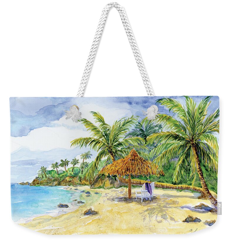 Palappa Weekender Tote Bag featuring the painting Palappa n Adirondack Chairs on a Caribbean Beach by Audrey Jeanne Roberts