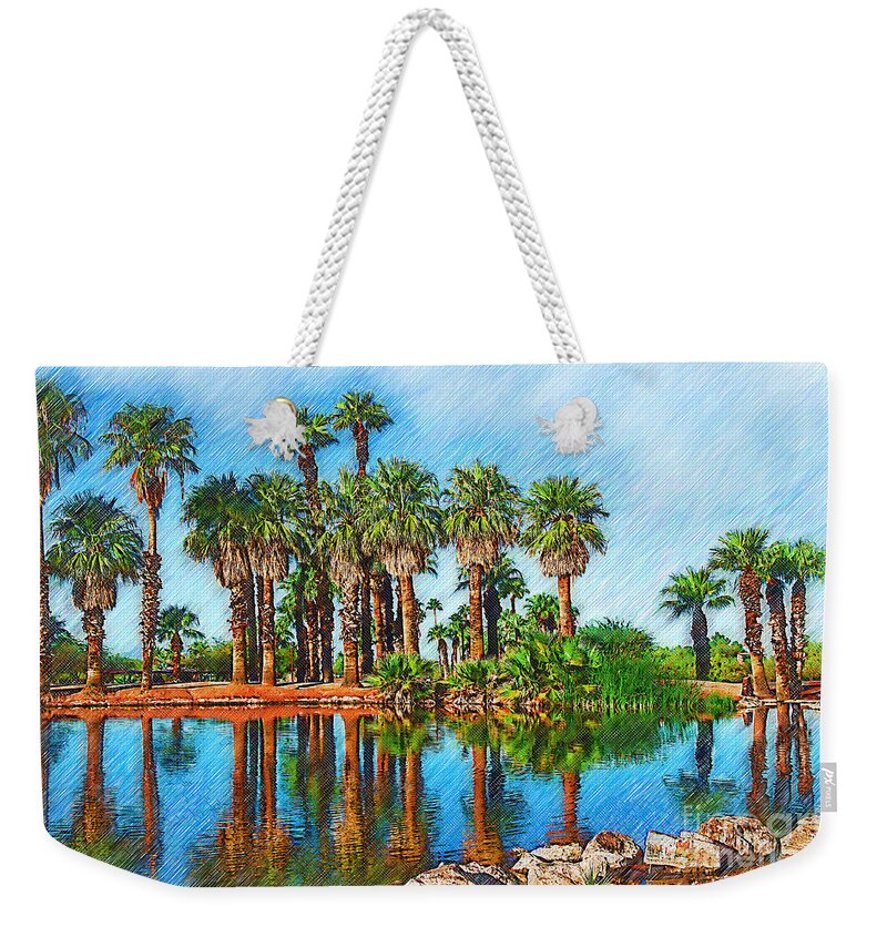 Papago Park Weekender Tote Bag featuring the digital art Palm Reflections Sketched by Kirt Tisdale