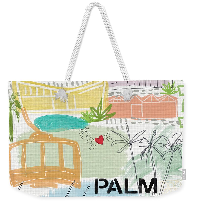 Palm Springs California Weekender Tote Bag featuring the painting Palm Springs Cityscape- Art by Linda Woods by Linda Woods