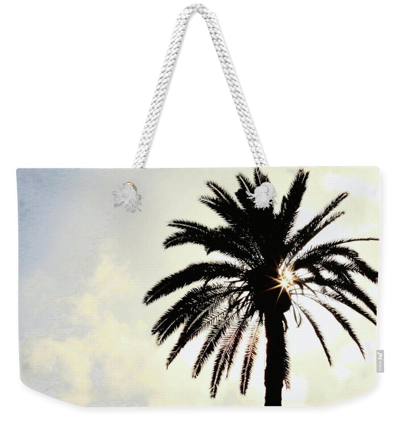 Palm Tree With Light Breaking Through On Canary Islands #canaria #tropical #photo Art #sun Weekender Tote Bag featuring the photograph Palm Tree Canary Islands #palm tree #tropical #sun #beach #canary islands by John Siron
