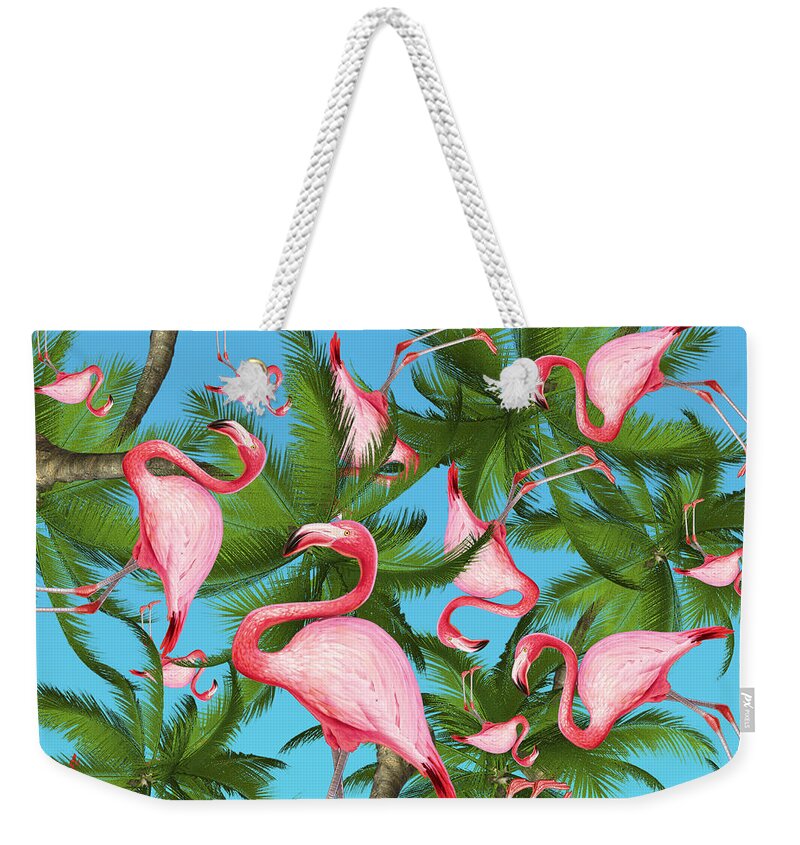  Summer Weekender Tote Bag featuring the digital art Palm tree and flamingos by Mark Ashkenazi