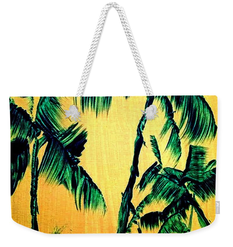 Palm Trees Beach Ocean Florida Sea Weekender Tote Bag featuring the painting Palms in Yellow Sky by James and Donna Daugherty