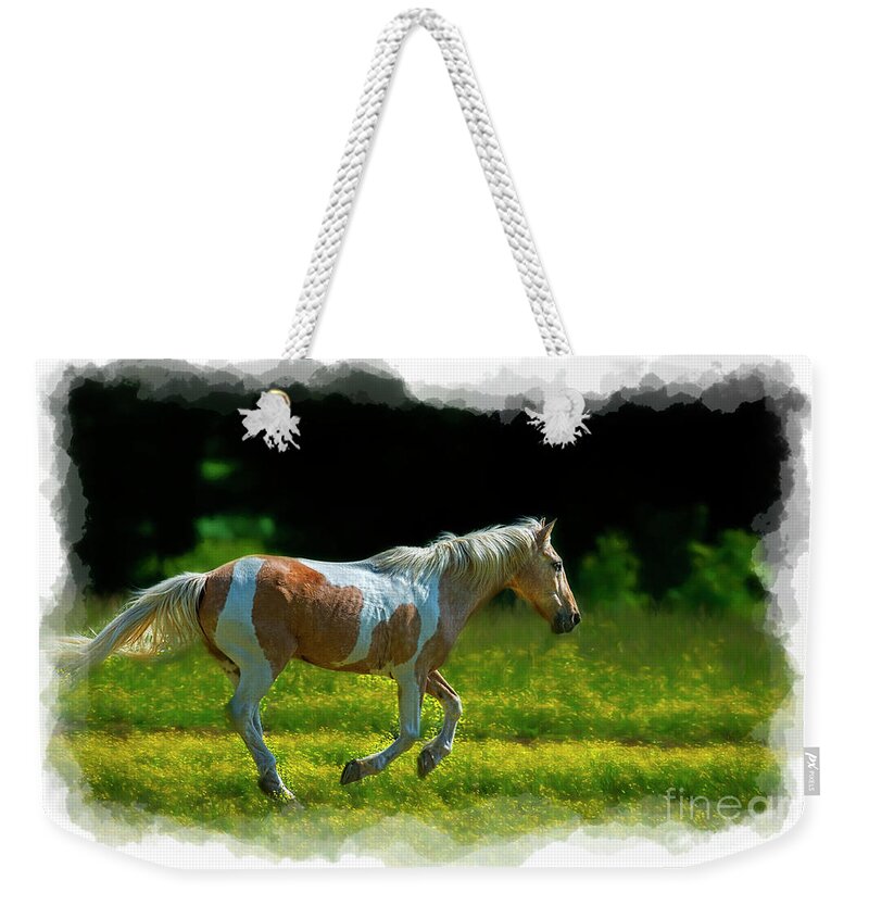 Palomino Weekender Tote Bag featuring the photograph Palomino galloping in field by Dan Friend