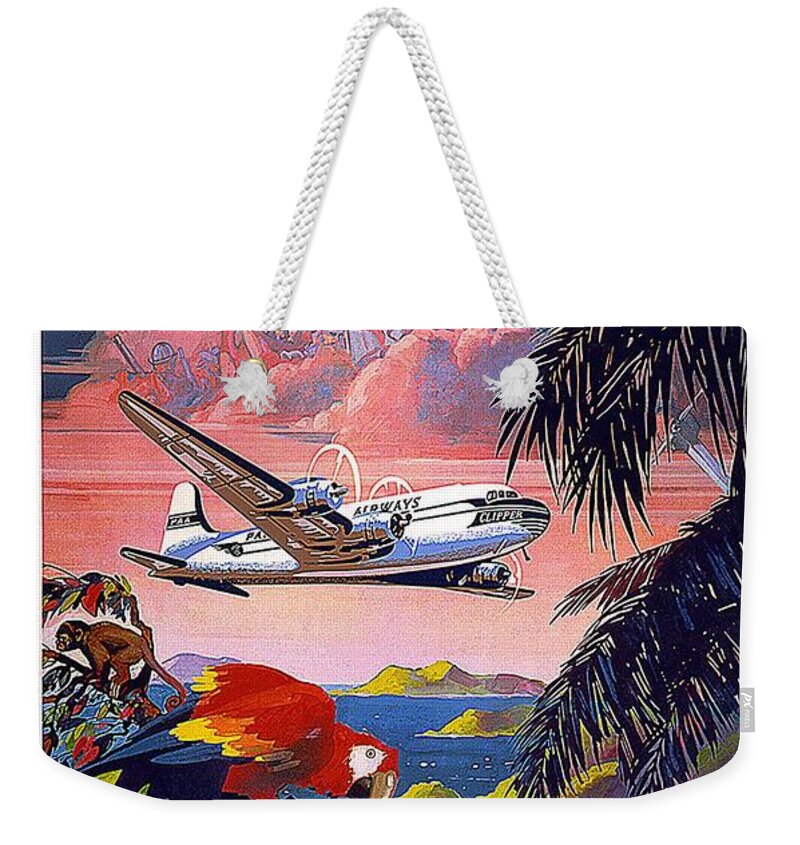 Pan American World Airways Weekender Tote Bag featuring the mixed media Pan American World Airways - Flying Clippers - Caribbean - Retro travel Poster - Vintage Poster by Studio Grafiikka