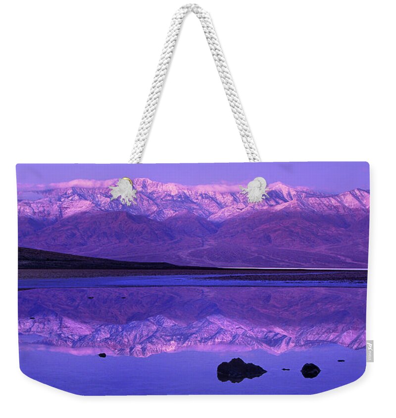 North America Weekender Tote Bag featuring the photograph Panorama Badwater and the Panamint Range at Sunrise Death Valley by Dave Welling