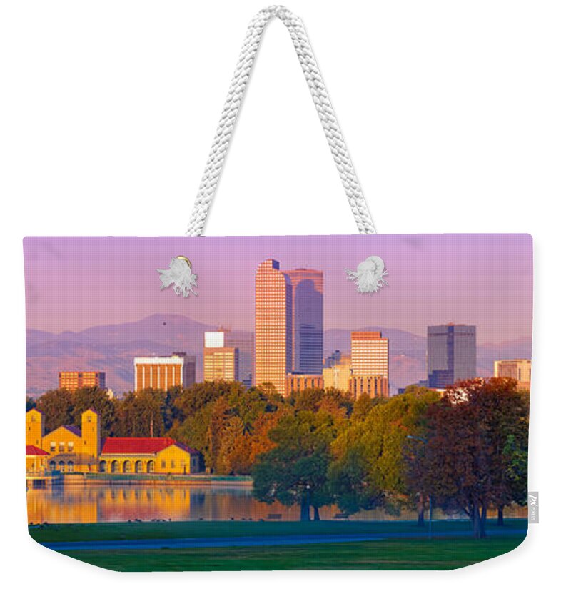 Denver Weekender Tote Bag featuring the photograph Panorama of Denver Skyline from Museum of Nature and Science - City Park Denver Colorado by Silvio Ligutti