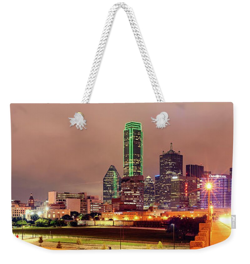 Downtown Weekender Tote Bag featuring the photograph Panorama of Downtown Dallas Skyline and Reunion Tower from South Houston Street Bridge - North Texas by Silvio Ligutti