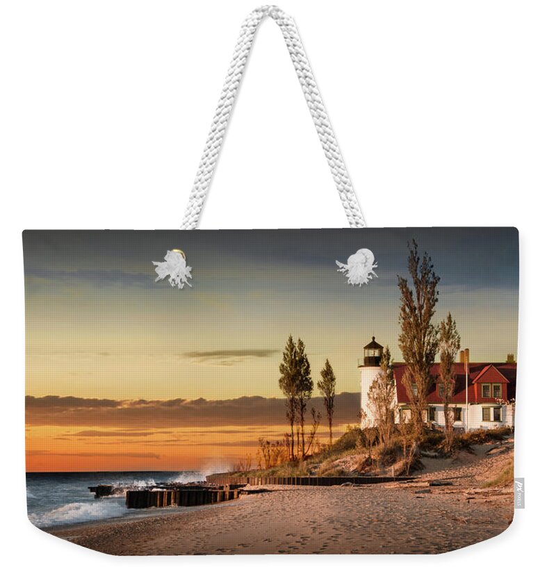 Art Weekender Tote Bag featuring the photograph Panorama of Point Betsie Lighthouse at Sunset by Randall Nyhof