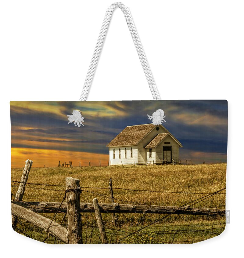 Church Weekender Tote Bag featuring the photograph Panoramic of Old Rural Country Church at Sunset on the Prairie by Randall Nyhof