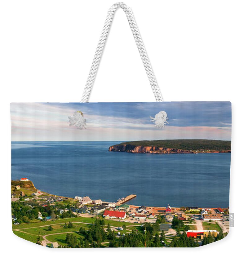Perce Weekender Tote Bag featuring the photograph Panoramic view in Perce Quebec by Elena Elisseeva