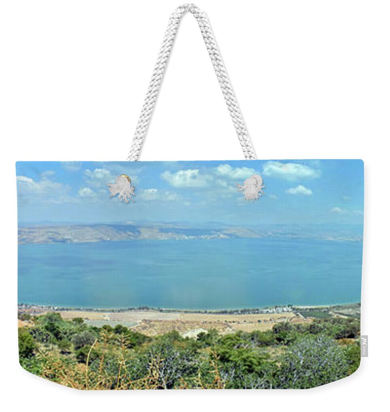 Sea Of Galilee Weekender Tote Bag featuring the photograph Panoramic View of The Sea of Galilee by Lydia Holly