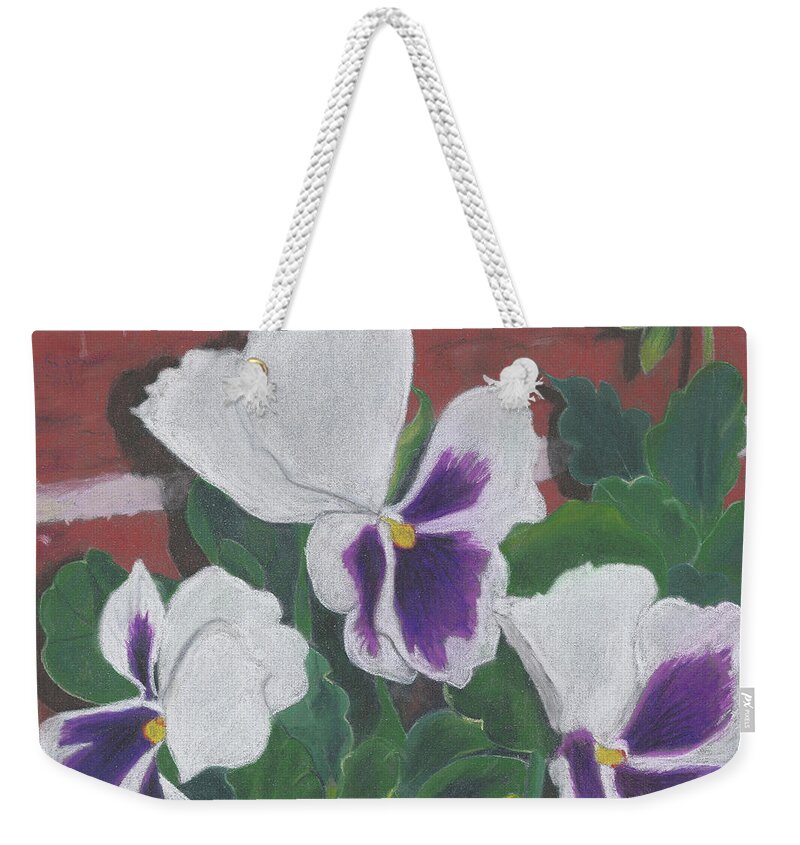 Pansy Weekender Tote Bag featuring the painting Pansy Trio by Arlene Crafton