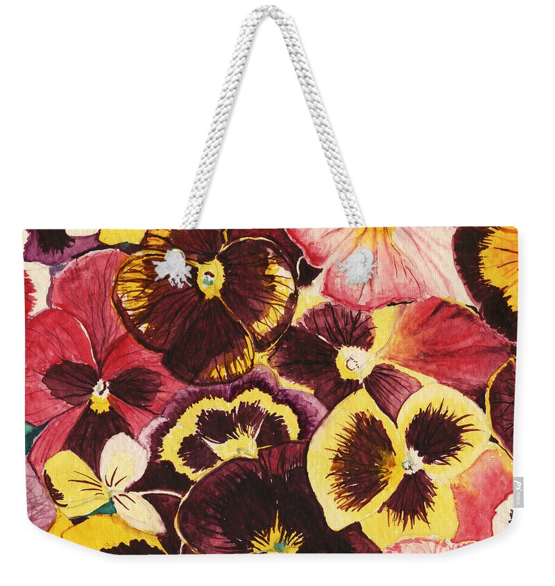 Watercolor Weekender Tote Bag featuring the painting Pansies Competing For Attention by Shawna Rowe