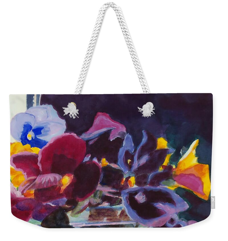 Paintings Weekender Tote Bag featuring the painting Pansies in Crystal Vase  by Kathy Braud
