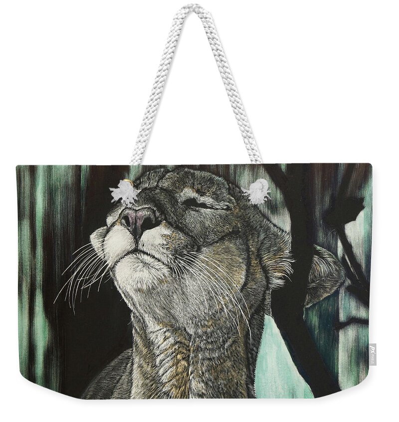 Drawing Weekender Tote Bag featuring the drawing Panther, Cool by William Underwood