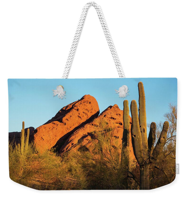 Papago Weekender Tote Bag featuring the photograph Papago Park Mountain at Sunrise Phoenix AZ Cactus by Toby McGuire