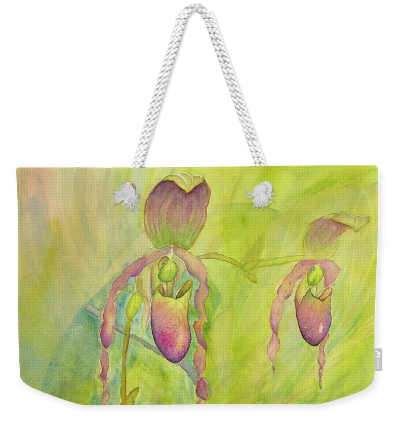 Tropical Weekender Tote Bag featuring the painting Paphiopedilum Pollination-Where is the fly? by Lisa Debaets