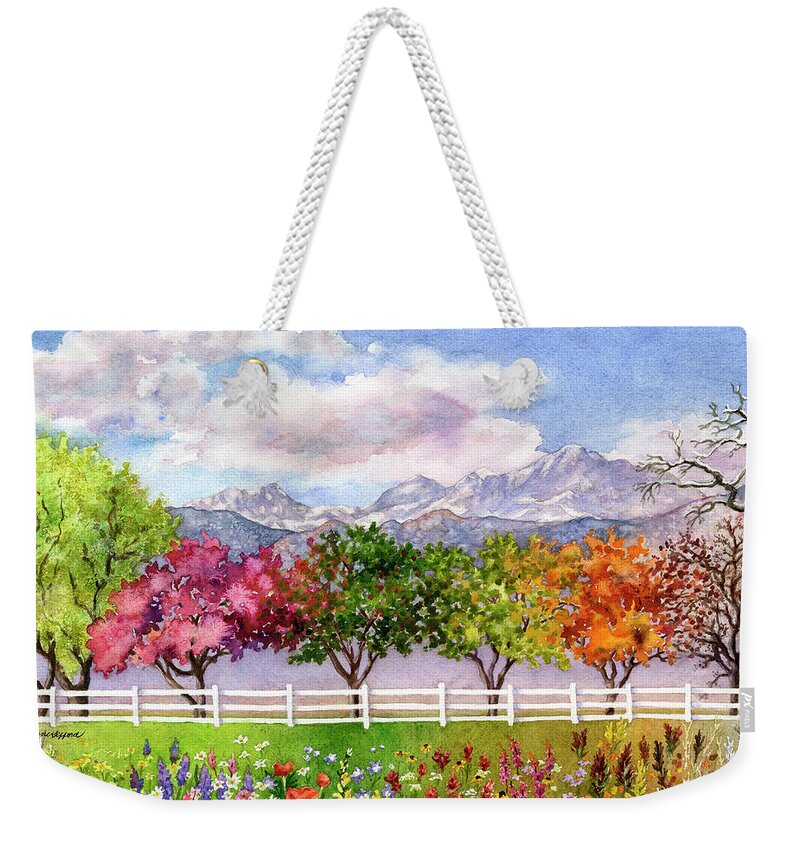 Trees Painting Weekender Tote Bag featuring the painting Parade of the Seasons by Anne Gifford