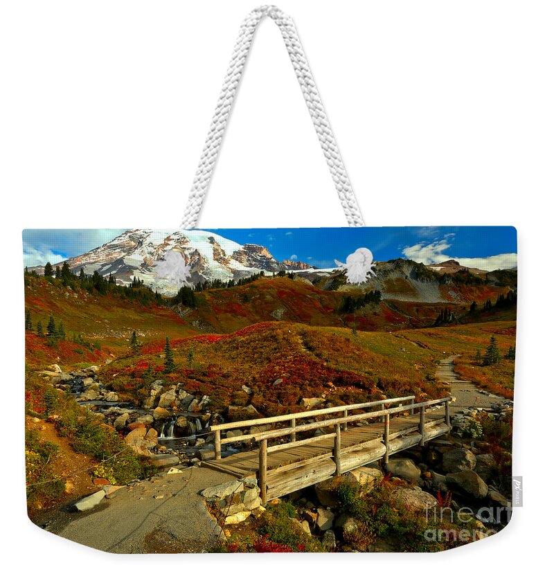 Mt Rainier Weekender Tote Bag featuring the photograph Paradise Valley Edith Creek Bridge by Adam Jewell