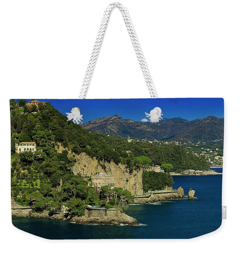 Costa Weekender Tote Bag featuring the photograph PARAGGI BAY CASTLE AND LIGURIA MOUNTAINS Portofino Park BONOMI BERLUSCONI CASTLE by Enrico Pelos