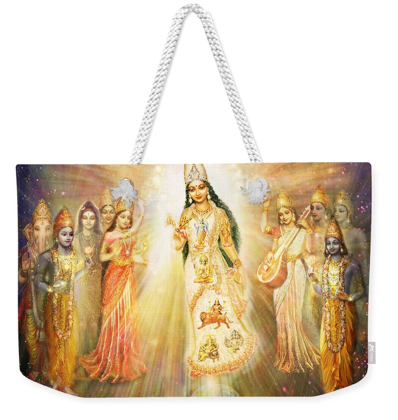 Goddess Weekender Tote Bag featuring the mixed media Parashakti Devi - the Great Goddess in Space by Ananda Vdovic