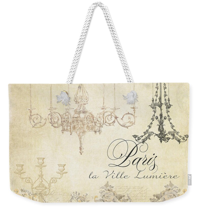Parchment Weekender Tote Bag featuring the painting Parchment Paris - City of Light Chandelier Candelabra Chalk by Audrey Jeanne Roberts