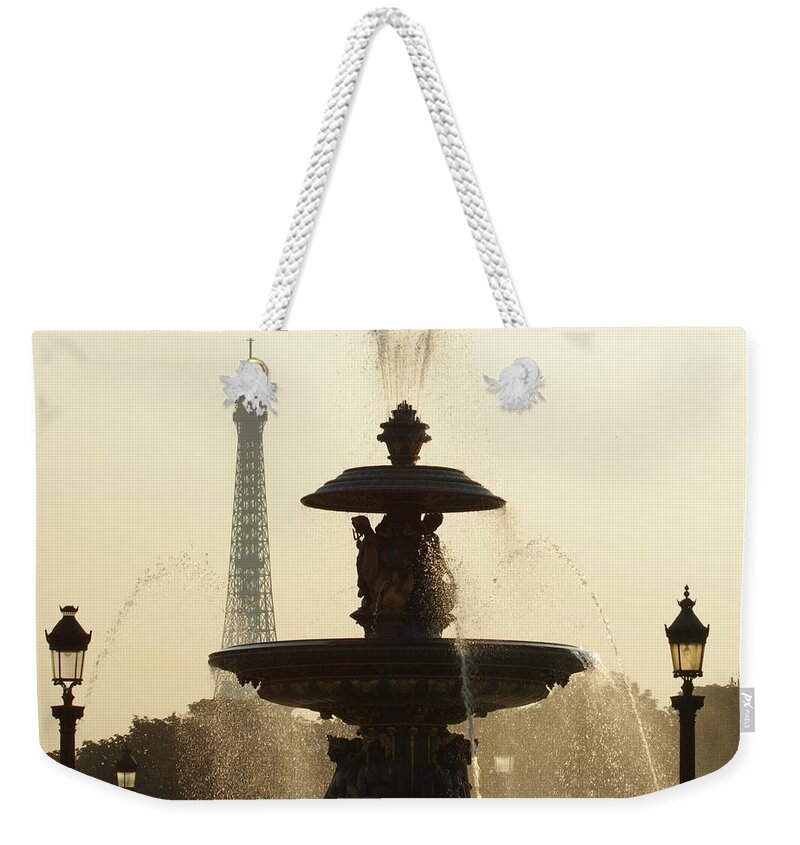 Paris Weekender Tote Bag featuring the photograph Paris fountain in sepia by Christine Jepsen