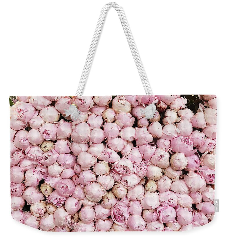 Paris Weekender Tote Bag featuring the photograph Paris Peonies - Pink Peony Flowers - Pink Paris Peonies - Peony Floral Prints Home Decor by Kathy Fornal
