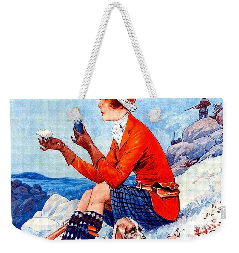 Parisian Girl Weekender Tote Bag featuring the painting Parisian girl applying makeup while hunting by Long Shot