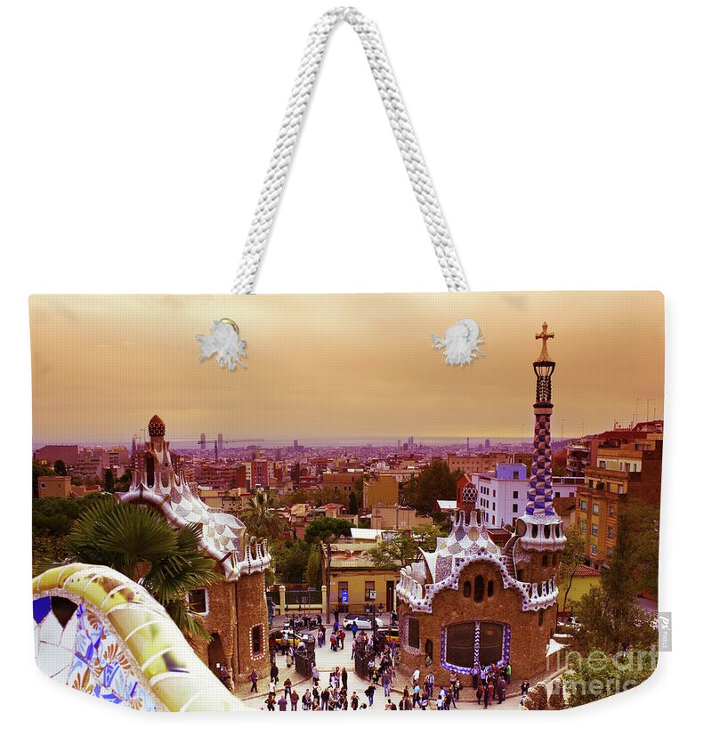 Antonio Gaudi Weekender Tote Bag featuring the photograph Park Guell at Sunset in Barcelona by Anastasy Yarmolovich
