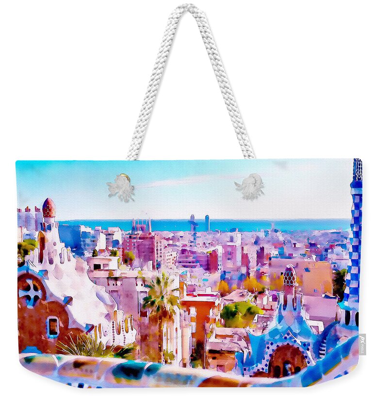 Marian Voicu Weekender Tote Bag featuring the painting Park Guell Watercolor painting by Marian Voicu