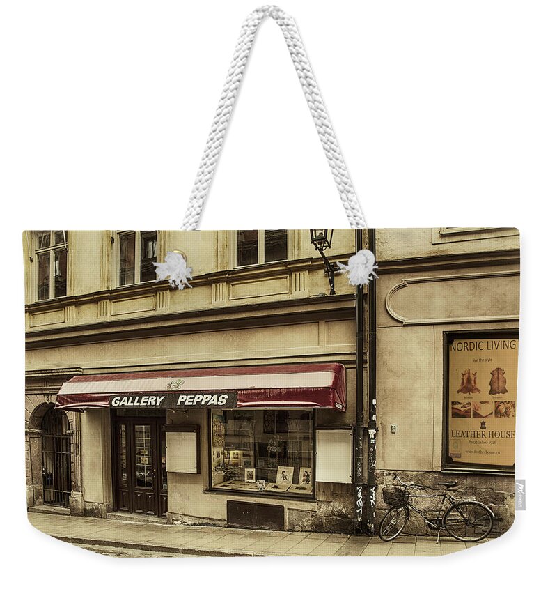 Stockholm; Sweden; Gallery; Art Gallery; Bike; Bicycle; Street; Europe Weekender Tote Bag featuring the photograph Parked By A Gallery by Mick Burkey
