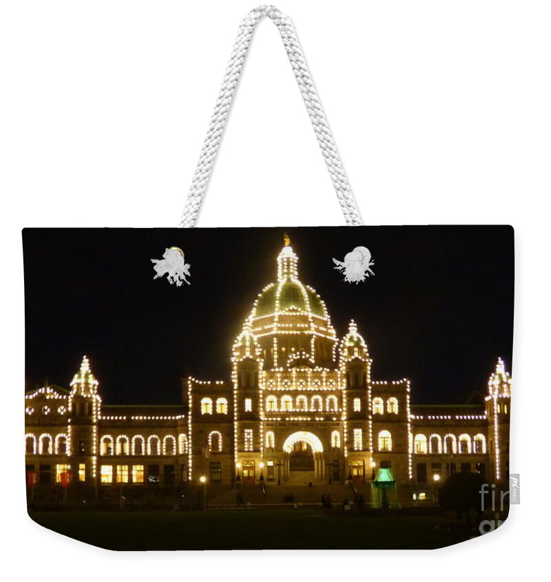 Victoria Weekender Tote Bag featuring the photograph Parliament Building at Night - Victoria British Columbia by Charles Robinson