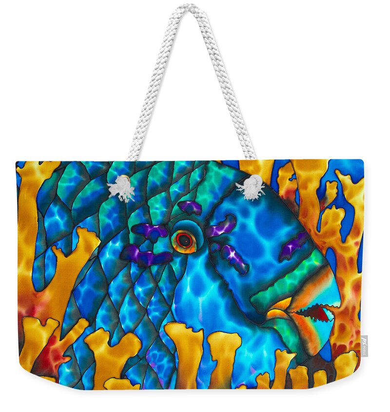 Diving Weekender Tote Bag featuring the painting Parrotfish and Fire coral by Daniel Jean-Baptiste