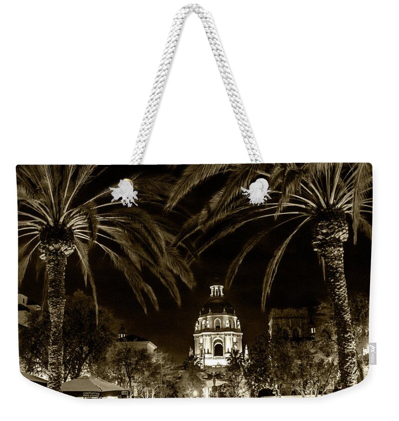 Pasadena Weekender Tote Bag featuring the photograph Pasadena City Hall after Dark in Sepia Tone by Randall Nyhof