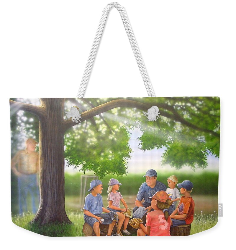 Baseball Weekender Tote Bag featuring the painting Pass it On - Baseball by Anthony J Padgett