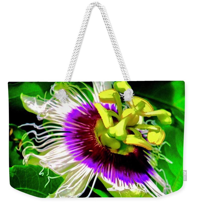 Passion Flower 3 Uplift Purple Radiating Weekender Tote Bag featuring the photograph Passion Flower 3 Uplift by Joalene Young