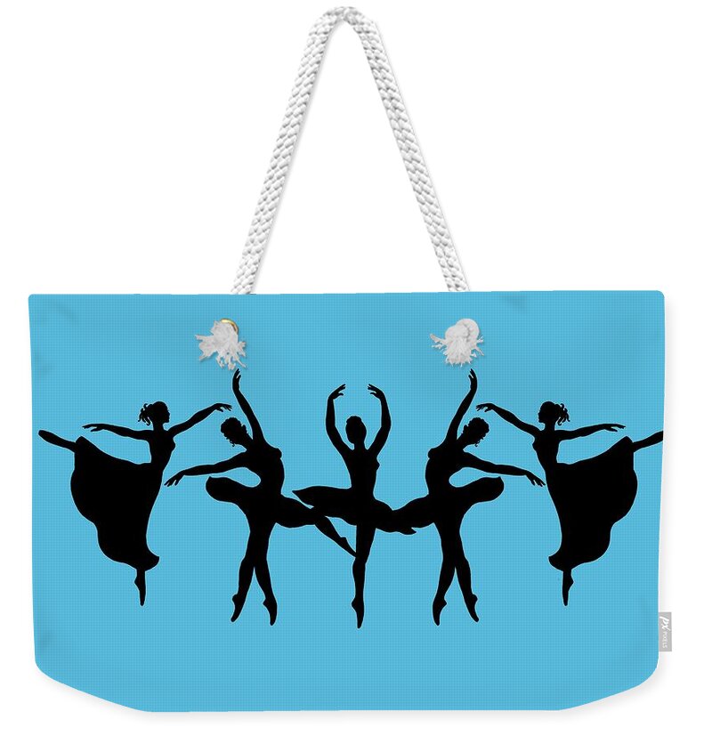 Blue Weekender Tote Bag featuring the painting Passionate Dance Ballerina Silhouettes by Irina Sztukowski