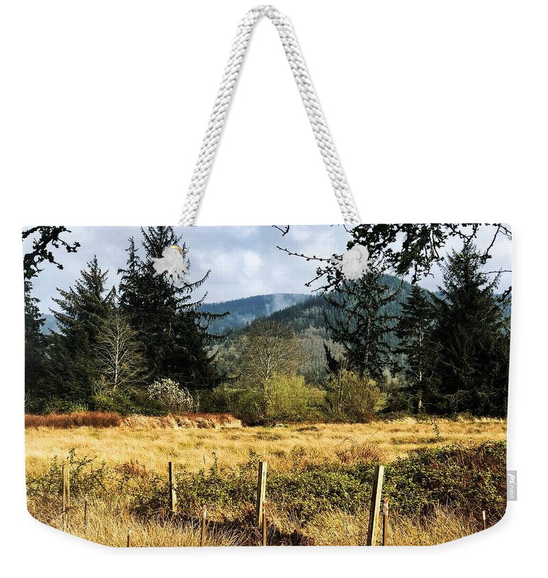 Landscape Weekender Tote Bag featuring the photograph Pasture, Trees, Mountains Sky by Chriss Pagani