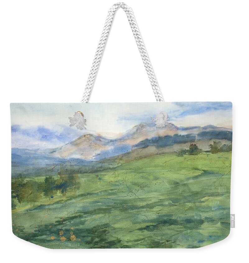 Green Weekender Tote Bag featuring the painting Patchwork of Green by Mary Benke