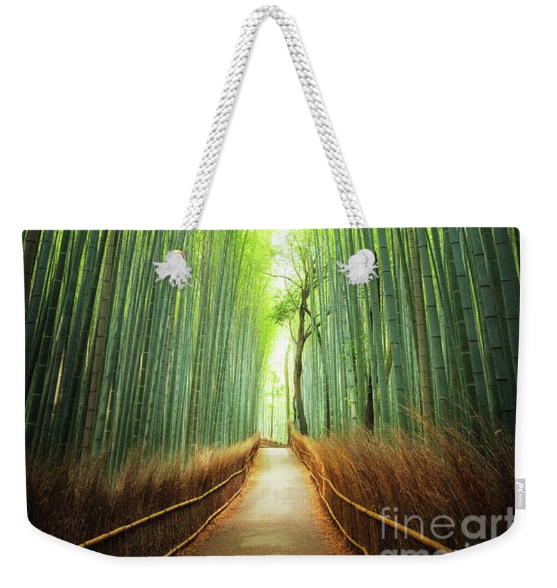 Bamboo Weekender Tote Bag featuring the photograph Pathway through the bamboo grove Kyoto by Jane Rix