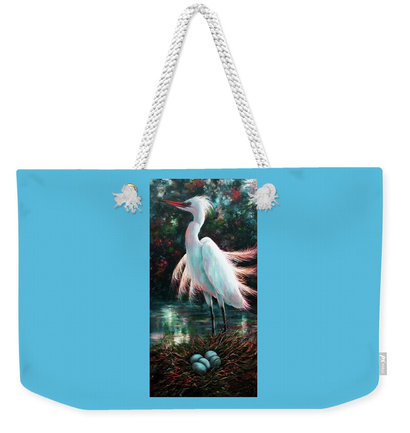 Birds Weekender Tote Bag featuring the painting Patiently Waiting by Lynne Pittard